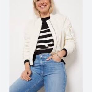 Evereve Flight Bomber Jacket Pearl Cream Full Zip Pockets Cropped Quilted Sz L